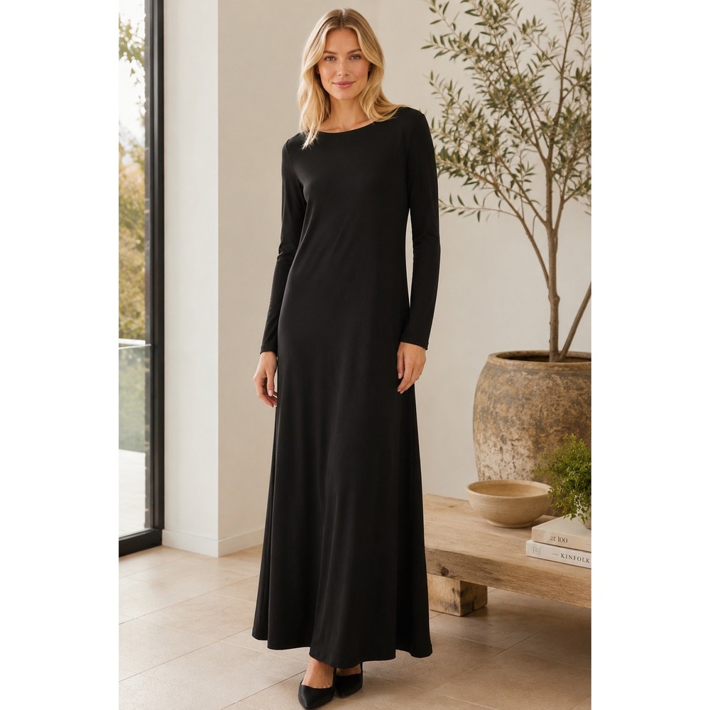 Vintage Eileen Fisher Maxi Dress M Black Rayon Lycra Made USA NWT